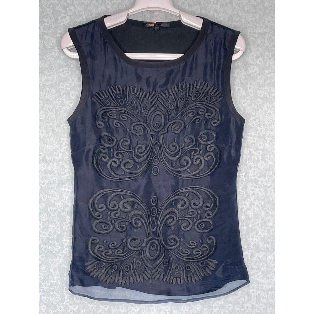 Maje Blue Black Embroidered Front Sleeveless Silk Top Size 1 Small